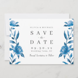 Blauwe en witte waterverf florale suspensie save the date