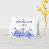 Blauwe en witte Waterverf Moederdag Kaart (Gele Bloem)