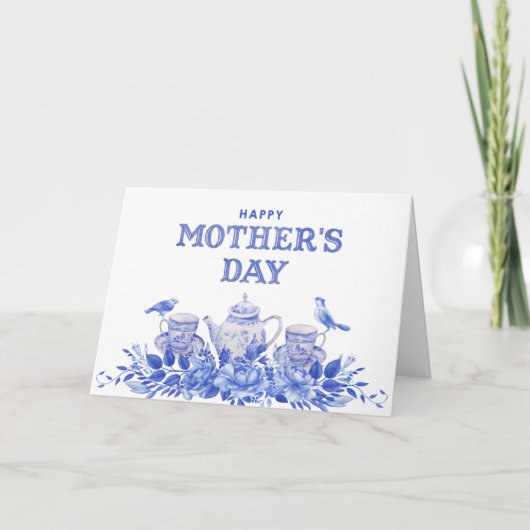 Blauwe en witte Waterverf Moederdag Kaart (Voorkant)