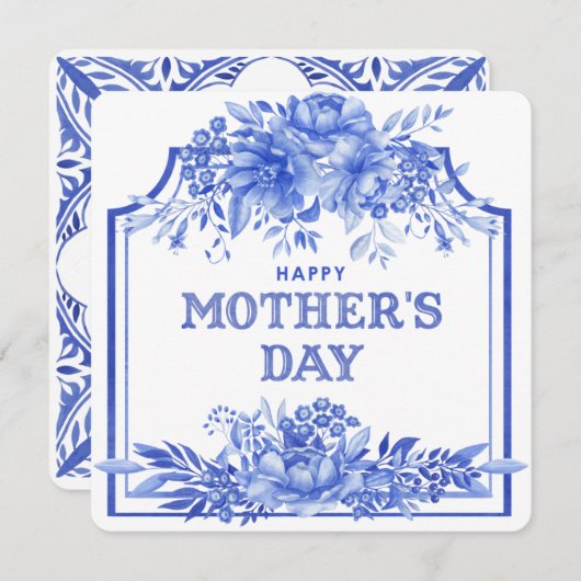 Blauwe en witte Waterverf Moederdag Kaart (Voorkant / Achterkant)
