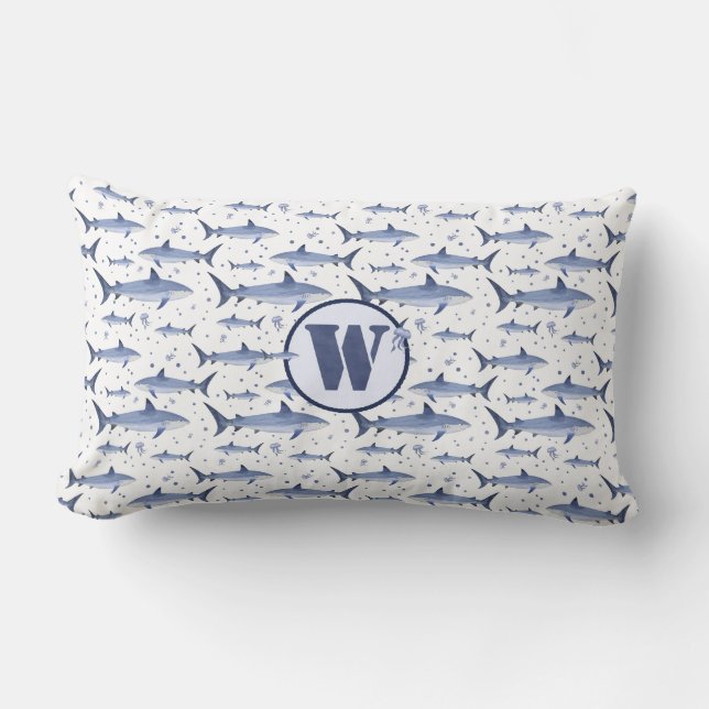 Blauwe en witte Waterverf Monogram haai + kwallen Kussen (Voorkant)