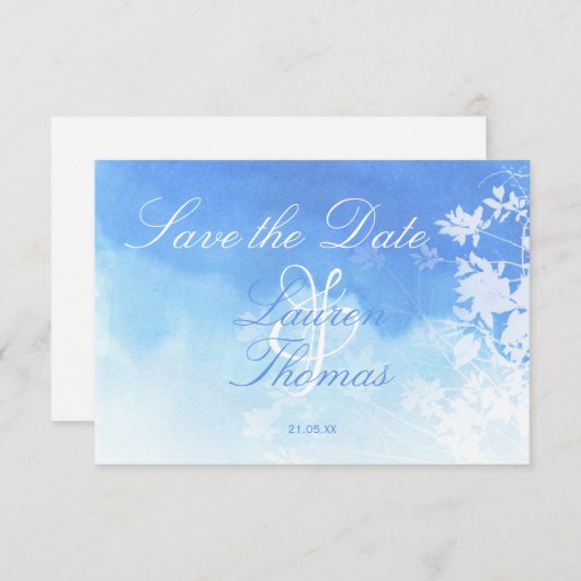 Blauwe en witte Waterverf Sla de datumkaart op Save The Date (Voorkant / Achterkant)