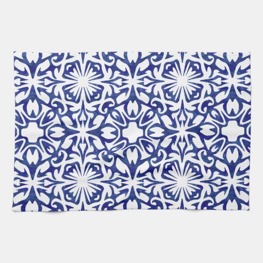 Blauwe en witte Waterverf Spaans Tile Patroon Theedoek (Horizontaal)