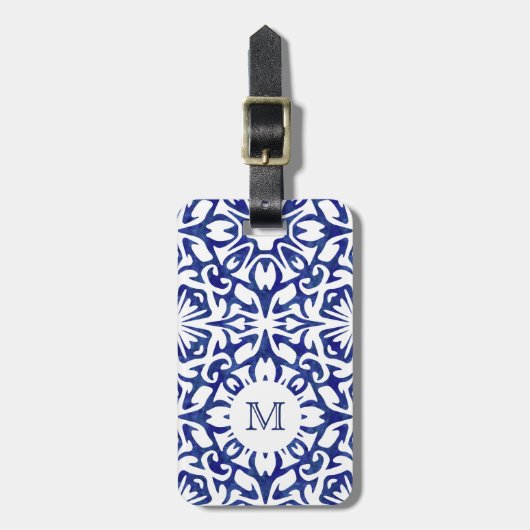 Blauwe en witte Waterverf Spaanse Tegel Monogram Bagagelabel (Voorkant verticaal)
