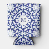 Blauwe en witte Waterverf Spaanse Tegel Monogram Blikjeskoeler (Voorkant)