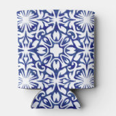 Blauwe en witte Waterverf Spaanse Tegel Monogram Blikjeskoeler (Achterkant)