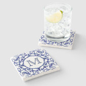 Blauwe en witte Waterverf Spaanse Tegel Monogram Stenen Onderzetter (Zijkant)