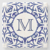 Blauwe en witte Waterverf Spaanse Tegel Monogram Stenen Onderzetter (Voorkant)