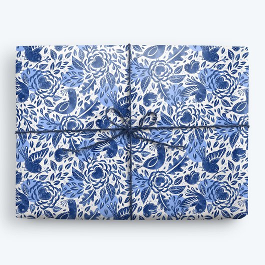 Blauwe en witte Waterverf Vogels, Nesten en Harten Cadeaupapier
