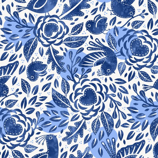 Blauwe en witte Waterverf Vogels, Nesten en Harten Cadeaupapier