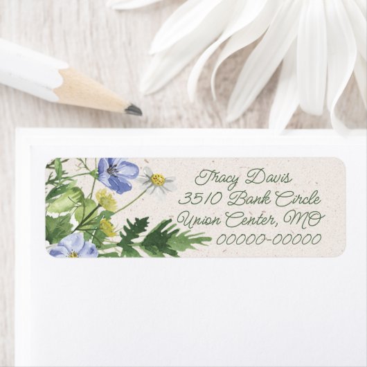 Blauwe en witte wilde bloem etiket (Insitu)