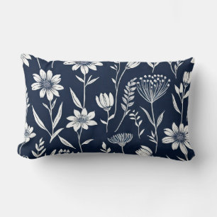 blauwe en witte wilde bloemen - blokdruk-stijl kussen