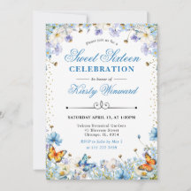 Blauwe en Witte Wilde Bloemen & Vlinders Sweet 16