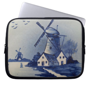Blauwe en witte windmolen laptop sleeve