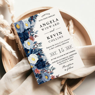 Blauwe en Witte Winter Bloemen Bruiloft Kaart