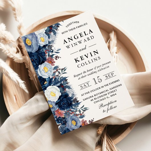 Blauwe en Witte Winter Bloemen Bruiloft Kaart
