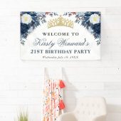Blauwe en Witte Winter Bloemen Verjaardag Spandoek (Insitu)