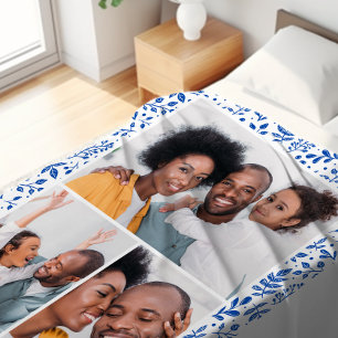 Blauwe en witte winter Botanische Foto Collage Fleece Deken