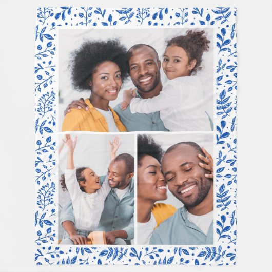 Blauwe en witte winter Botanische Foto Collage Fleece Deken (Voorkant)