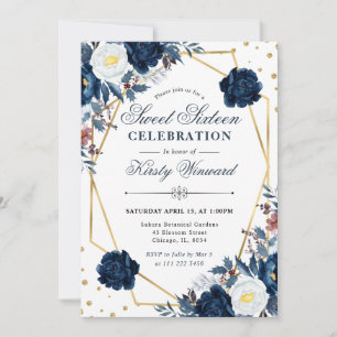 Blauwe en Witte Winterbloemen en Kader Sweet 16 Kaart