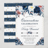 Blauwe en witte winterbloemen Quinceanera Kaart (Voorkant / Achterkant)