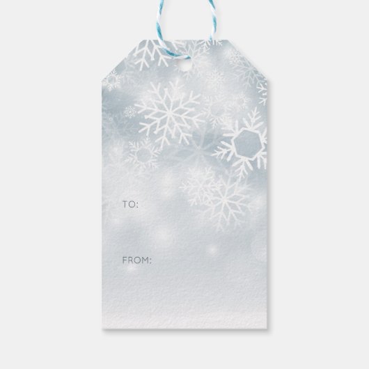 Blauwe en witte wintersneeuw cadeaulabel (Achterkant)