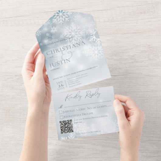 Blauwe en witte wintersneeuw Moderne QR-code All In One Uitnodiging (Afscheurbaar)
