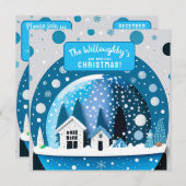 Blauwe en Witte Winterwonderlandhuizen Sneeuwbol Save The Date (Voorkant / Achterkant)