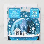 Blauwe en Witte Winterwonderlandhuizen Sneeuwbol Save The Date (Achterkant)