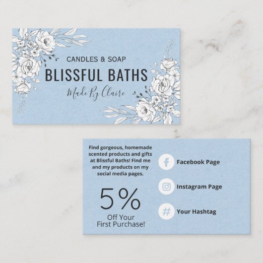 Blauwe en witte zeep en kaars visitekaartje (Voorkant / Achterkant)