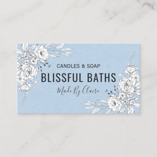 Blauwe en witte zeep en kaars visitekaartje (Voorkant)