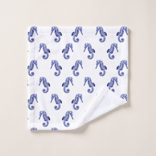 Blauwe en witte zeepaardafdruk bad handdoek (Wasdoekje)