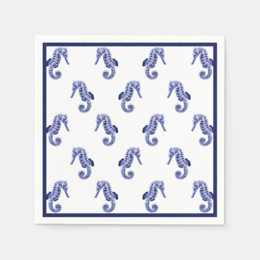 Blauwe en witte zeepaardafdruk servet (Voorkant)