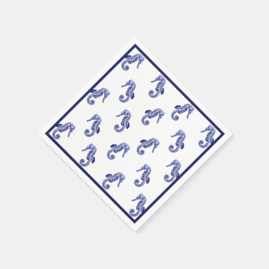 Blauwe en witte zeepaardafdruk servet (Hoek)