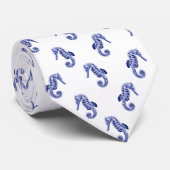 Blauwe en witte zeepaardafdruk stropdas (Opgerold)