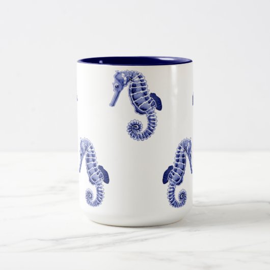 Blauwe en witte zeepaardjes tweekleurige koffiemok (Center)