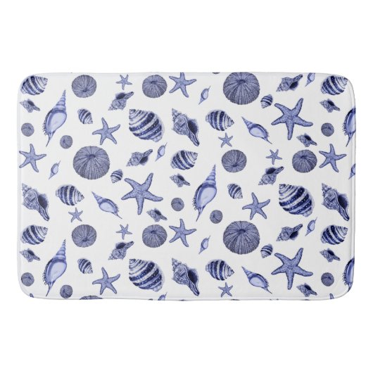 Blauwe en witte zeeschelpen badmat (Voorkant)