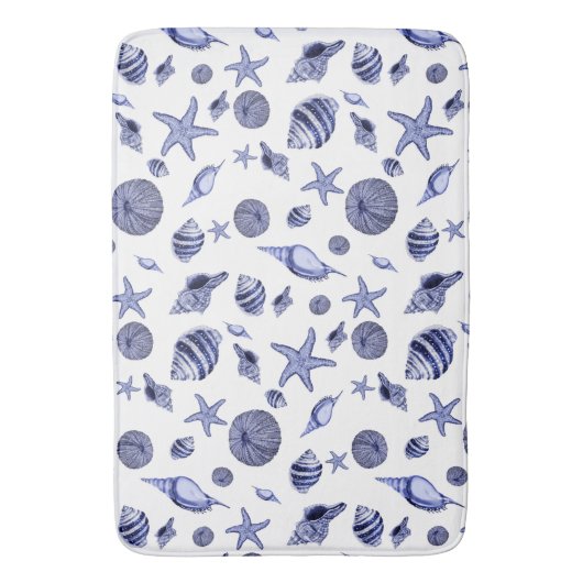 Blauwe en witte zeeschelpen badmat (Voorkant Verticaal)