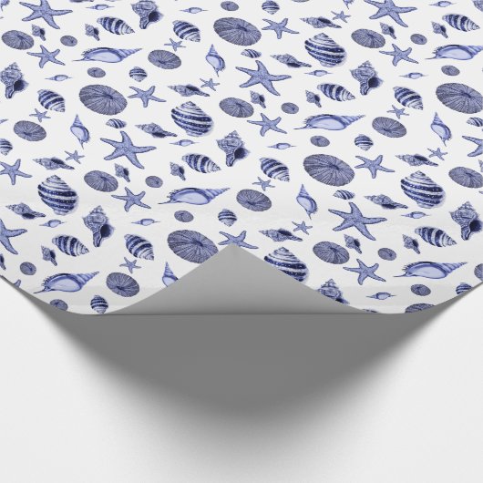 Blauwe en witte zeeschelpen cadeaupapier (Hoek)