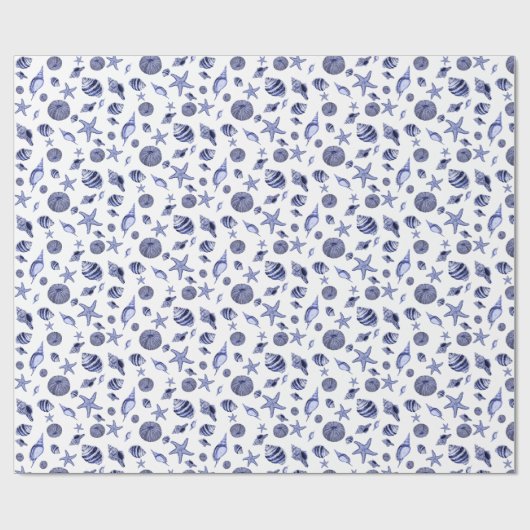 Blauwe en witte zeeschelpen cadeaupapier (Vlak)