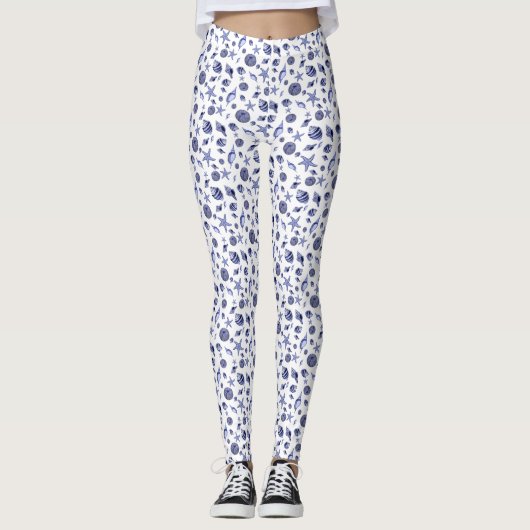 Blauwe en witte zeeschelpen leggings (Voorkant)