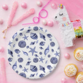 Blauwe en witte zeeschelpen papieren bordje (Feest)