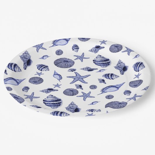 Blauwe en witte zeeschelpen papieren bordje (Gekanteld)