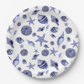 Blauwe en witte zeeschelpen papieren bordje (Voorkant)
