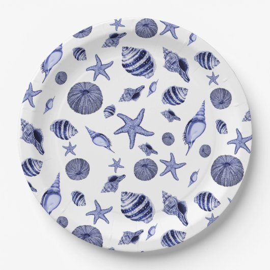 Blauwe en witte zeeschelpen papieren bordje (Voorkant)