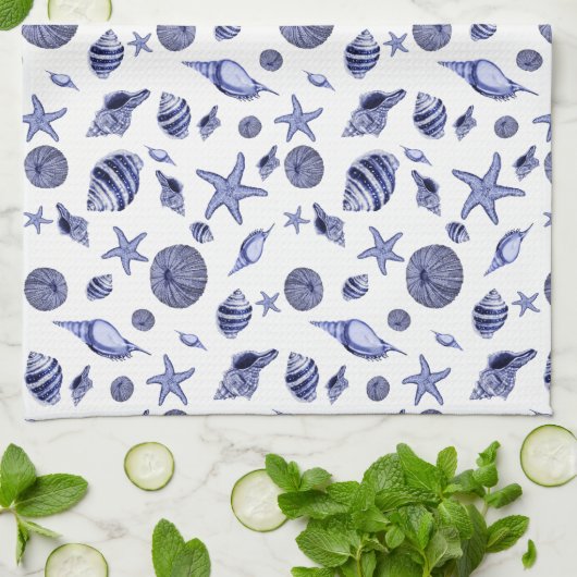Blauwe en witte zeeschelpen theedoek (Gevouwen)