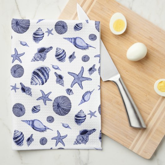 Blauwe en witte zeeschelpen theedoek (Quarter Fold)