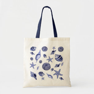 Blauwe en witte zeeschelpen tote bag