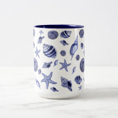 Blauwe en witte zeeschelpen tweekleurige koffiemok (Center)
