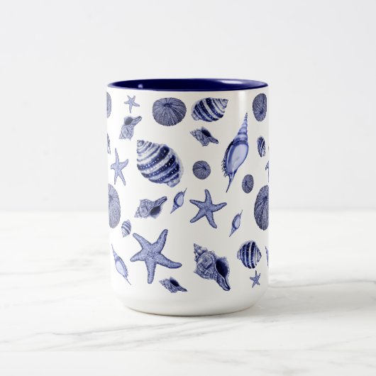 Blauwe en witte zeeschelpen tweekleurige koffiemok (Center)